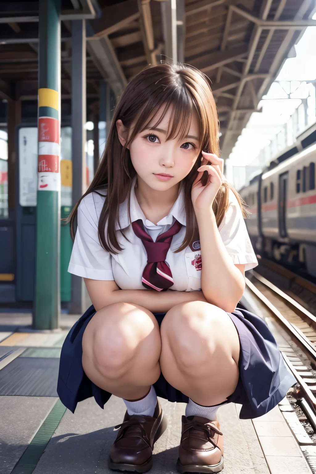 Masterpiece, school girl,Squatting in the train station,(Japanese idle:1.4), brown hair, Plump breast, Blushed face, From below, (school uniform)