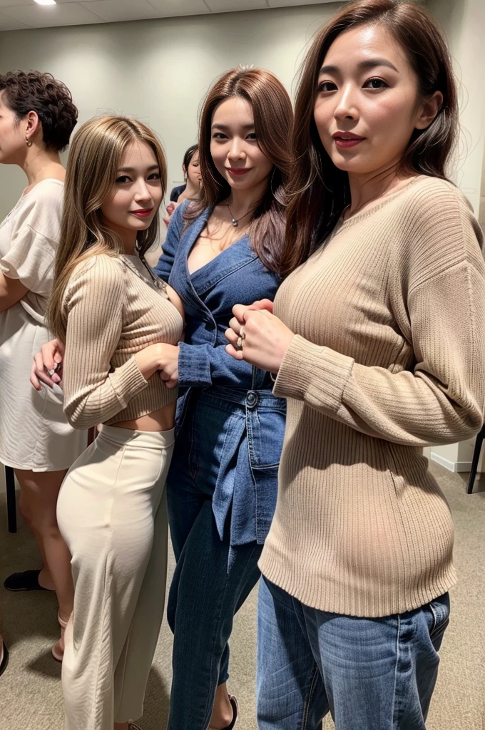 50 year old mature woman、japanese woman、sex appeal, sexy,fine skin、sterpiece、Beautiful breasts high quality、perfect writing、Super beautiful、facial high definition、Makeup is light、Beautiful butt high quality、Shining beautiful skin、Shining beautiful skin step piece、Transparent beauty、Goddess of Eros、photorealistic、smile、looking at the camera、whitening skin、masterpiece、wavy hair、Female friends、Pants Style、beautiful nipples、knitted clothes