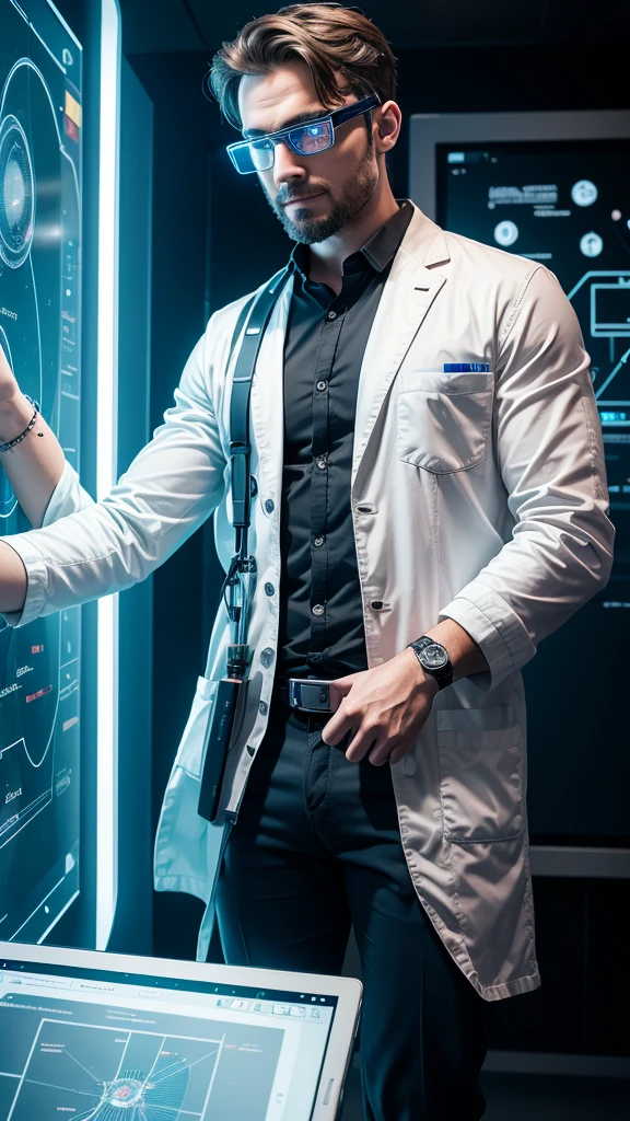 A cyborg teacher with a mechanical arm and a bionic eye, wearing a white lab coat and holding a holographic tablet, standing in front of an interactive digital whiteboard, where he shows complex graphics and formulas, while teaching a class of students with augmented reality headsets and smart bracelets, in a modern, lighted classroom, with windows that display a futuristic cityscape with skyscrapers and flying vehicles.