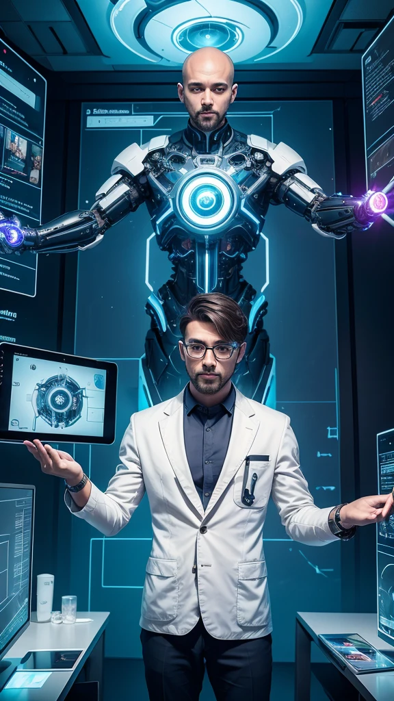 A cyborg teacher with a mechanical arm and a bionic eye, wearing a white lab coat and holding a holographic tablet, standing in front of an interactive digital whiteboard, where he shows complex graphics and formulas, while teaching a class of students with augmented reality headsets and smart bracelets, in a modern, lighted classroom,  with windows that display a futuristic cityscape with skyscrapers and flying vehicles.  