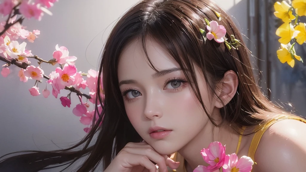 32k, Masterpiece, Highest quality, One girl, Brown Hair, Detailed eyes, flower,sweet pea, Pink and yellow style,A dreamy, romantic piece,Pale pink, Mysterious Leaves,A playful arrangement,Fantasy,High Contrast,Ink strokes,explosion,Exposure, Impression of pink and yellow tones,Abstract,((Watercolours by John Berkey and Jeremy Mann )) Brush strokes,Negative Space, Tyndall effect, White background