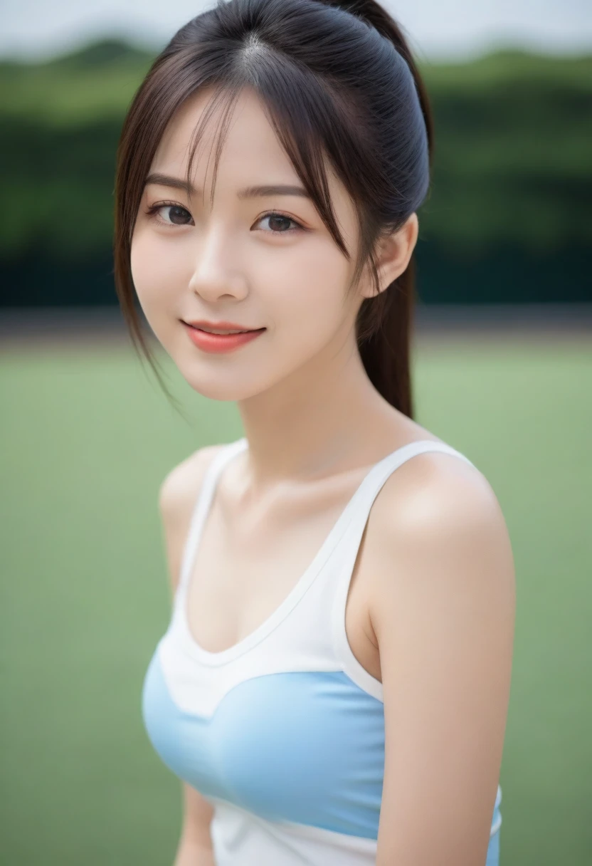 8K, Ultra-high resolution, Highest quality, masterpiece, 三分割法によるphotograph,Surreal, photograph, 1 Girl, (16 years old:1.3), pretty girl, Cute face, Beautiful eyes in every detail, 細かくdetailedに,masterpiece,, One Girl:1.2, Japan Female Announcer,whole body,Outdoor,Athletics Stadium,Sportswear,Beautiful leg line beauty,Refreshing sweat,Full of sex appeal,Sensual,A carefree smile,Heal the heart,Black Hair,ponytail,Looking at the audience、beauty,Long neck、Laugh a little、Please close your mouth and laugh、(((Ideal body type))),A cup small breasts :2,、Portraiture:2、Perfect ???????、鮮明なdetailed、detailed、Surreal、Light and shadow,Strong light