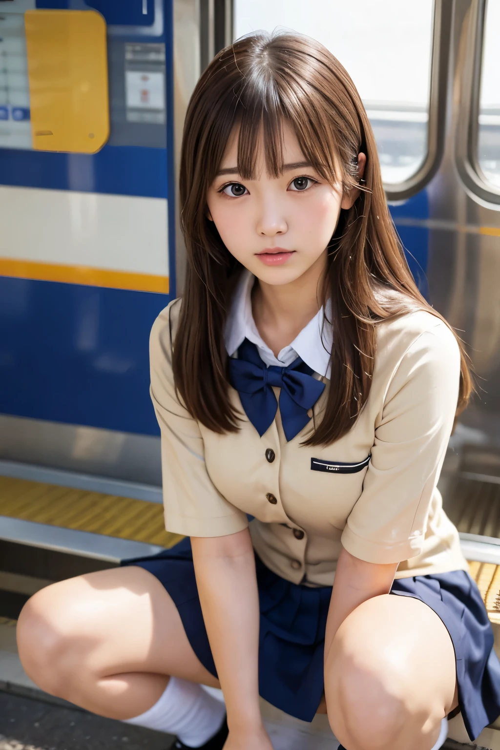 Masterpiece, school girl,Squatting in the train station,(Japanese idle:1.4), brown hair, Plump breast, Blushed face, From below, (school uniform)