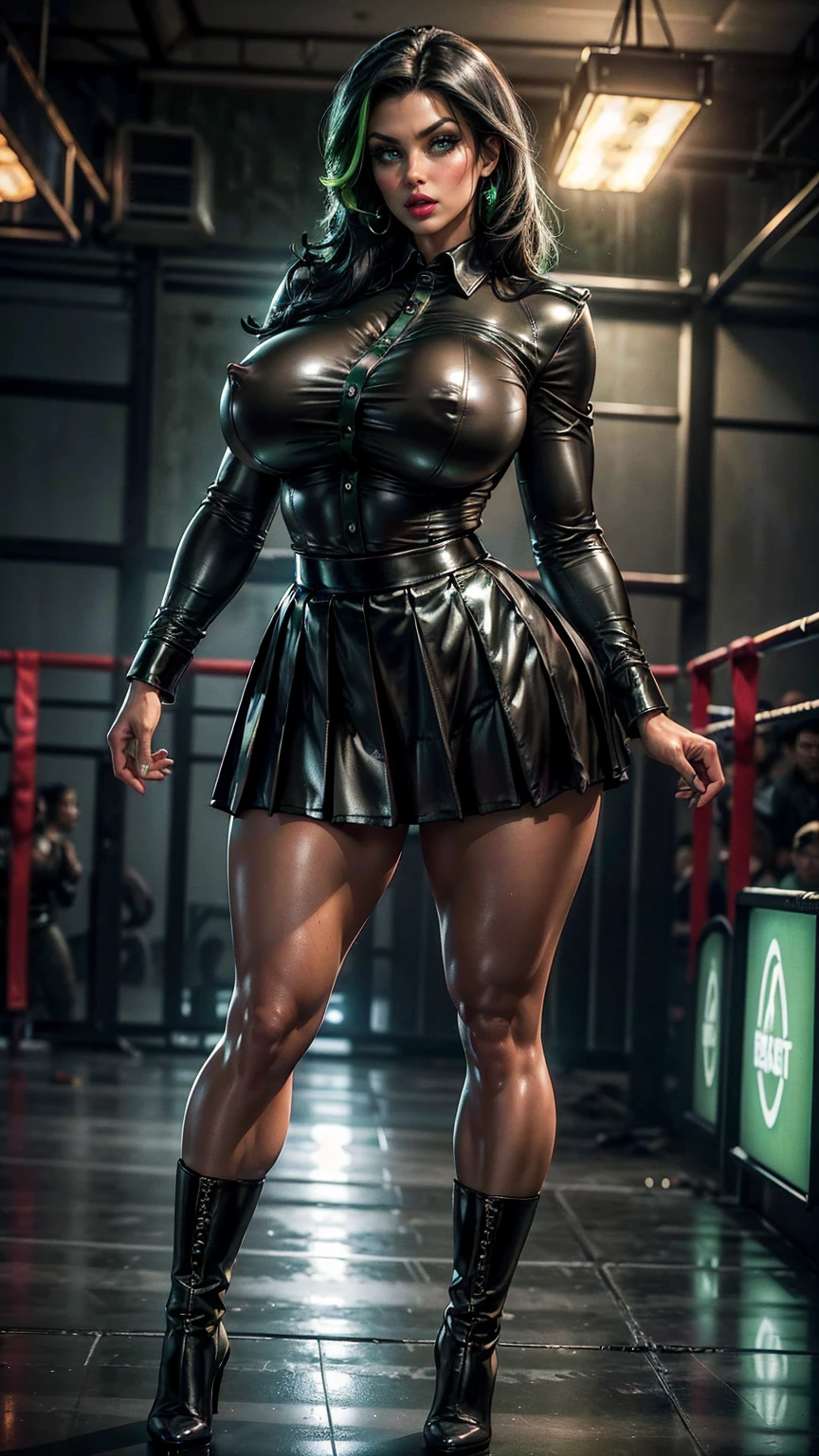 (best quality,highres:1.2), (ultra-detailed), (realistic:1.37), (HDR,UHD), (physically-based rendering), (curvy mature Denise Milani), ((black leather long-sleeved formal army shirt, buttoned up:1.5)), ((long black leather pleated skirt:1.5)), ((cropped, straight jet-black hair:1.3)), (tiny waist), (curvy hips), (wide thighs), ((thick calves:1.5)), (thicc), ((beautiful large green eyes):1.3), (intimidating pose in an abandoned boxing ring), (full-body portrait), (vivid colors), (metallic textures), (hot red lips, makeup:1.3), sexy fighter, prominent breasts, rock solid breasts, missile shaped breasts that defy gravity, (full body portrait:1.3), (detailed covered nipples), big_boltedontits, boltedontits, th3p1t, sakimichan,