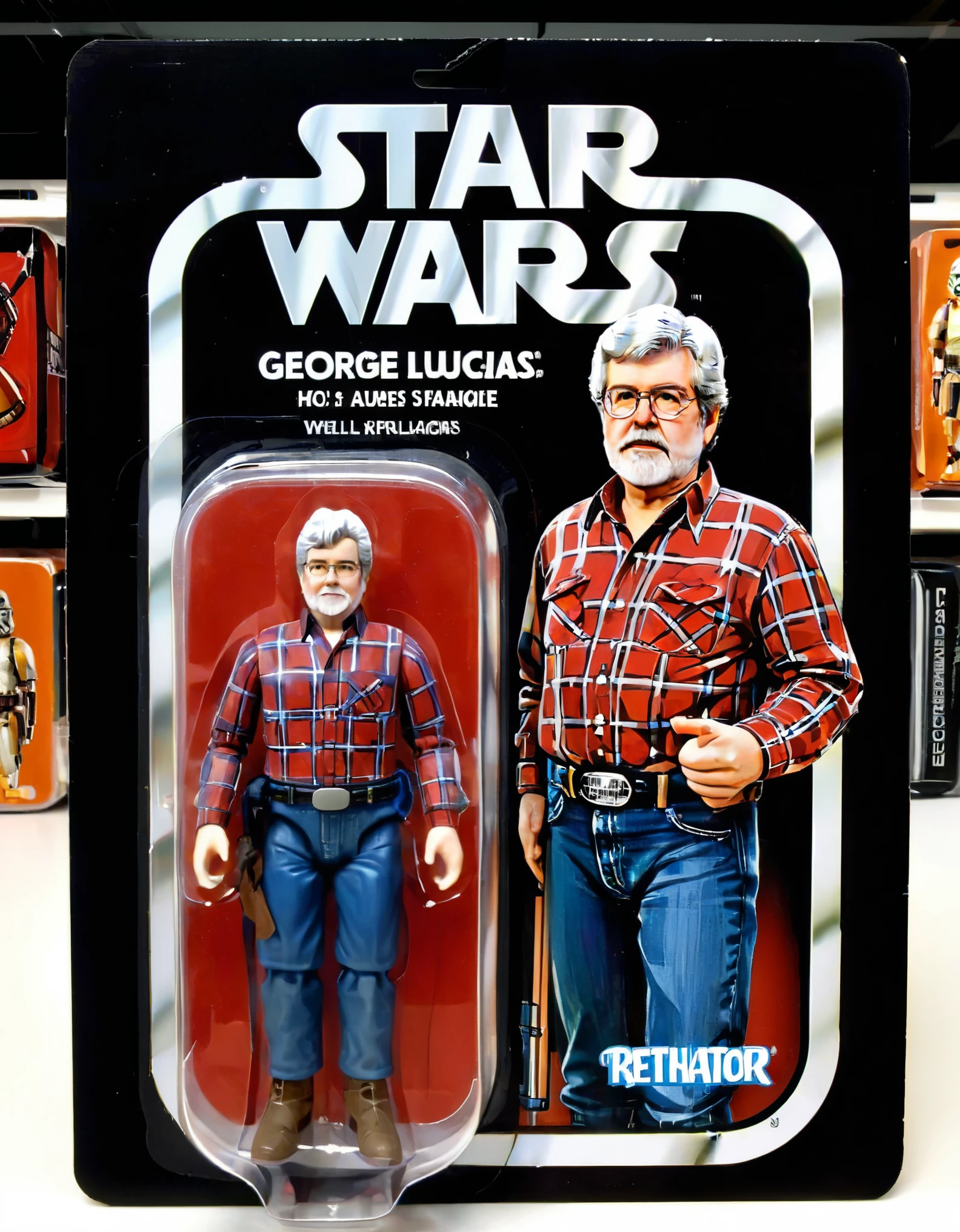 A lifelike figurine resembling the well-known Director George Lucas of star wars, George Lucas, stands prominently displayed. The figurine captures his iconic exaggerated features with striking realism, including his plaid pattern shirts and jeans pants, the packaging showcases a cartoon illustration of George Lucas, adding a playful contrast to the realism of the figure. The monotone yet menacing packaging is a juxtaposition to the character. The name ('George Lucas':1.5) is printed in bold, eye-catching letters on the packaging, highlighting his renowned identity,