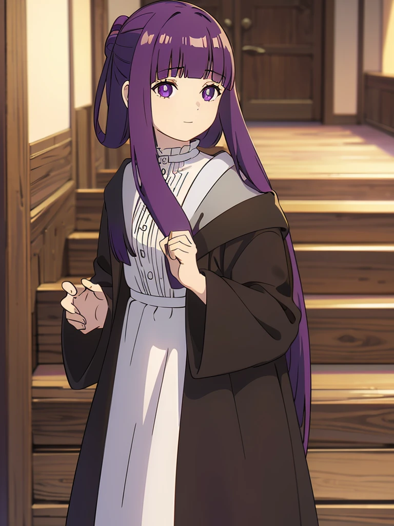 è²ä¼¦,1girl,solo,purple hair,long hair,purple eyes,blunt bangs,sidelocks,half updo,bright pupils, hair ornament,frilled collar,black robe,white dress,center frills,buttons,wide sleeves,long sleeves,curvy,cowboy shot,brown coat,from side,smile,, Exquisite visuals, high-definition,masterpiece,best quality,, 20yo,Young female,Beautiful Finger,Beautiful long legs,Beautiful body,Beautiful Nose,Beautiful character design, perfect eyes, perfect face,expressive eyes, looking at viewer, official art,extremely detailed CG unity 8k wallpaper, perfect lighting,Colorful, Bright_Front_face_Lighting,shiny skin, (masterpiece:1.0),(best_quality:1.0), ultra high res,4K,ultra-detailed, photography, 8K, HDR, highres, absurdres:1.2, Kodak portra 400, film grain, blurry background, bokeh:1.2, lens flare, (vibrant_color:1.2), (beautiful_face:1.5),(narrow_waist), 