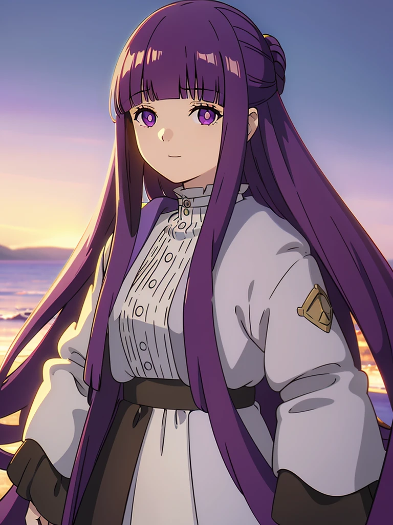 è²ä¼¦,1girl,solo,purple hair,long hair,purple eyes,blunt bangs,sidelocks,half updo,bright pupils, hair ornament,frilled collar,black robe,white dress,center frills,buttons,wide sleeves,long sleeves,curvy,cowboy shot,brown coat,from side,smile,, Exquisite visuals, high-definition,masterpiece,best quality,, 20yo,Young female,Beautiful Finger,Beautiful long legs,Beautiful body,Beautiful Nose,Beautiful character design, perfect eyes, perfect face,expressive eyes, looking at viewer, official art,extremely detailed CG unity 8k wallpaper, perfect lighting,Colorful, Bright_Front_face_Lighting,shiny skin, (masterpiece:1.0),(best_quality:1.0), ultra high res,4K,ultra-detailed, photography, 8K, HDR, highres, absurdres:1.2, Kodak portra 400, film grain, blurry background, bokeh:1.2, lens flare, (vibrant_color:1.2), (beautiful_face:1.5),(narrow_waist), 