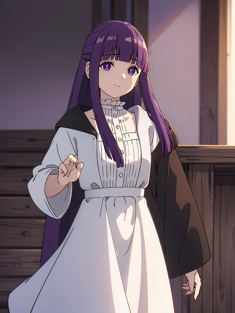 è²ä¼¦,1girl,solo,purple hair,long hair,purple eyes,blunt bangs,sidelocks,half updo,bright pupils, hair ornament,frilled collar,black robe,white dress,center frills,buttons,wide sleeves,long sleeves,curvy,cowboy shot,brown coat,from side,smile,, Exquisite visuals, high-definition,masterpiece,best quality,, 20yo,Young female,Beautiful Finger,Beautiful long legs,Beautiful body,Beautiful Nose,Beautiful character design, perfect eyes, perfect face,expressive eyes, looking at viewer, official art,extremely detailed CG unity 8k wallpaper, perfect lighting,Colorful, Bright_Front_face_Lighting,shiny skin, (masterpiece:1.0),(best_quality:1.0), ultra high res,4K,ultra-detailed, photography, 8K, HDR, highres, absurdres:1.2, Kodak portra 400, film grain, blurry background, bokeh:1.2, lens flare, (vibrant_color:1.2), (beautiful_face:1.5),(narrow_waist), 