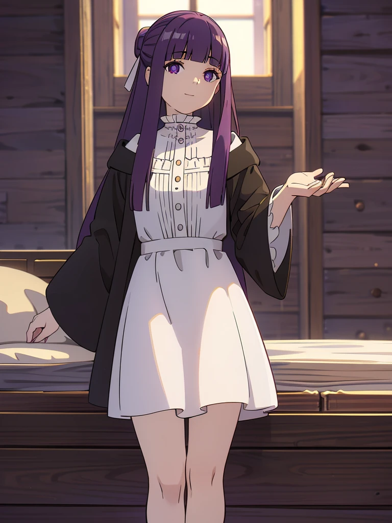 è²ä¼¦,1girl,solo,purple hair,long hair,purple eyes,blunt bangs,sidelocks,half updo,bright pupils, hair ornament,frilled collar,black robe,white dress,center frills,buttons,wide sleeves,long sleeves,curvy,cowboy shot,brown coat,from side,smile,, Exquisite visuals, high-definition,masterpiece,best quality,, 20yo,Young female,Beautiful Finger,Beautiful long legs,Beautiful body,Beautiful Nose,Beautiful character design, perfect eyes, perfect face,expressive eyes, looking at viewer, official art,extremely detailed CG unity 8k wallpaper, perfect lighting,Colorful, Bright_Front_face_Lighting,shiny skin, (masterpiece:1.0),(best_quality:1.0), ultra high res,4K,ultra-detailed, photography, 8K, HDR, highres, absurdres:1.2, Kodak portra 400, film grain, blurry background, bokeh:1.2, lens flare, (vibrant_color:1.2), (beautiful_face:1.5),(narrow_waist), 