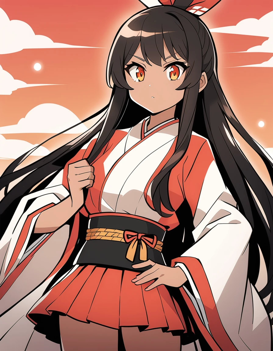 1light brown skin girl, amber eyes and black hair, straight and hip length, dressed as a , anime style, Good quality, bright Eyes, anime, elite japanese uniform