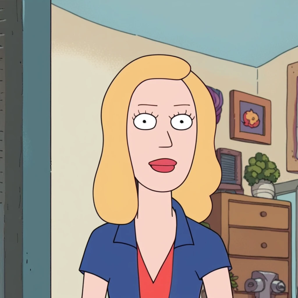 source_cartoon, b_s, (((1girl, solo, alone, black eyes, red lips, blonde hair))), perfect eyes, flat color, cartoon, makeup, looking at viewer, smile, parted lips,
red t-shirt, blue jeans,
sexy pose, dynamic pose, dynamic angle, cowboy shot,
living room, indoor,
