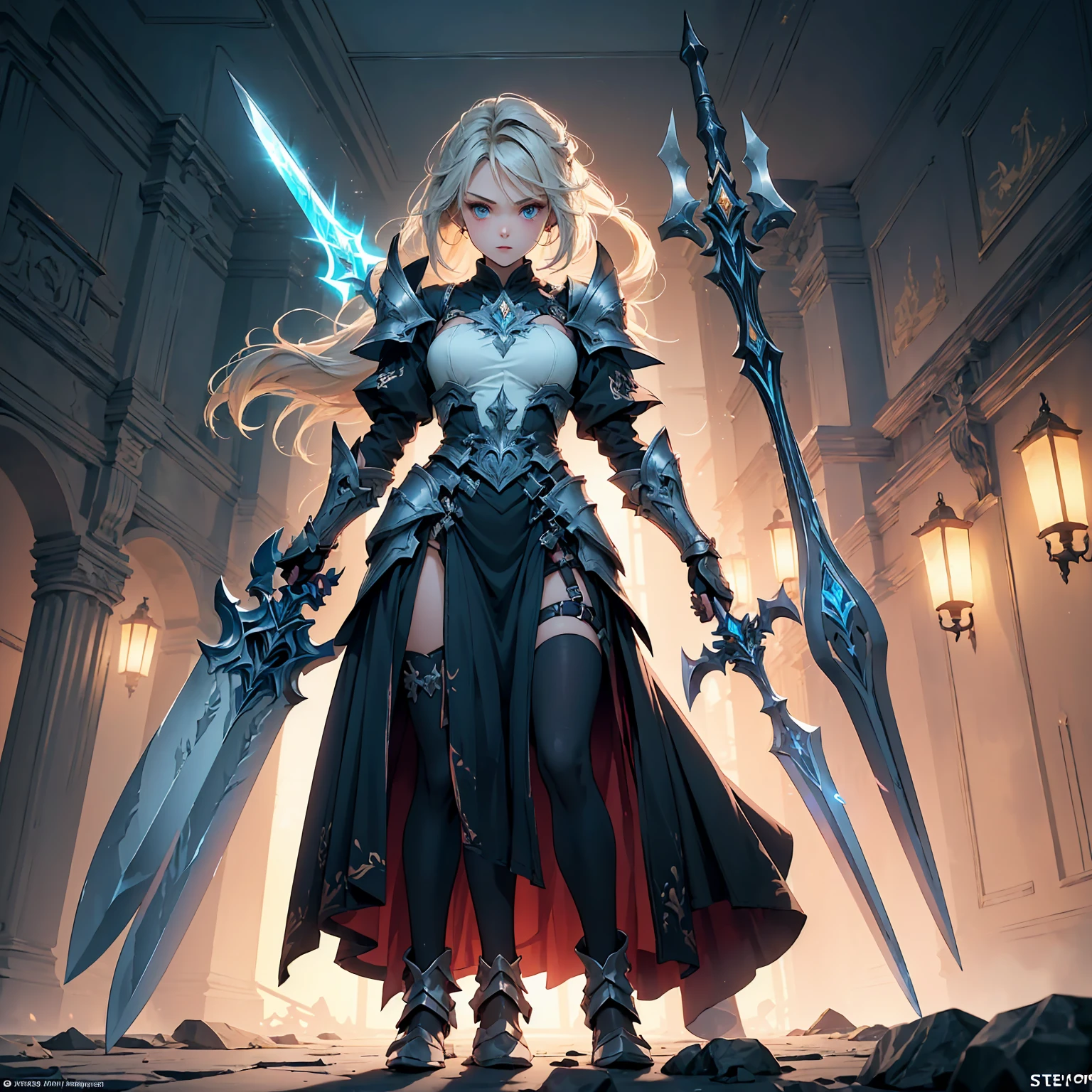Design a layout showcase Gaming character, (1girl). Golden+Purle clothes, stylish and unique, ((showcase weapon:1.4)), magic staff, (masterpiece:1.2), (best quality), 4k, ultra-detailed, (Step by step design, layout art:1.5), (luminous lighting, atmospheric lighting), magican, ((glove full hands)), (((revealing clothes:1.3))), vambraces, armored legwear, (((full_body_shot:1.4)))