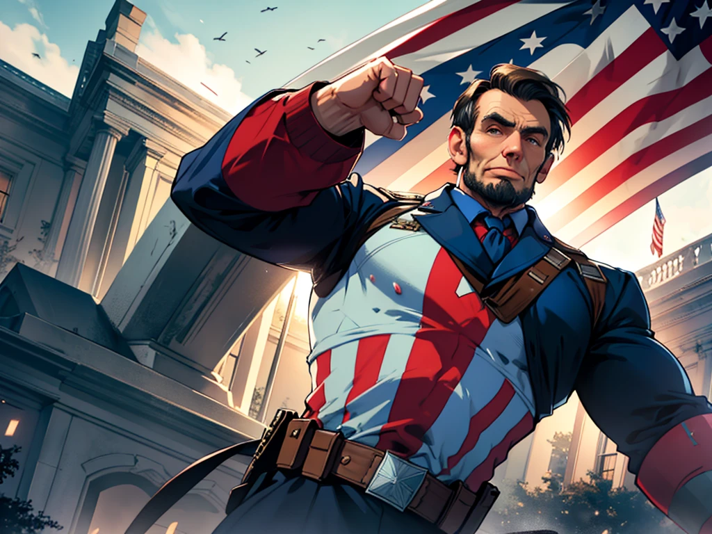 President Abraham Lincoln dressed as Captain America, in a heroic and imposing pose in front of the White House. In the background, the US flag is flying majestically. The lighting highlights its determined and historic expression, while the setting reinforces the patriotism and strength of the American icon.