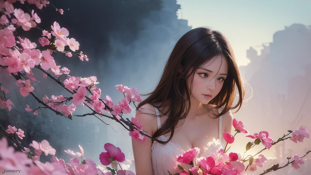 32k, Masterpiece, Highest quality, One girl, Detailed eyes, flower,Sandersonia, Pink and brown style,A dreamy, romantic piece,Pale pink, Mysterious Leaves,A playful arrangement,Fantasy,High Contrast,Ink strokes,explosion,Exposure, Impression of pink and brown tones,Abstract,((Watercolours by John Berkey and Jeremy Mann )) Brush strokes,Negative Space, Tyndall effect,