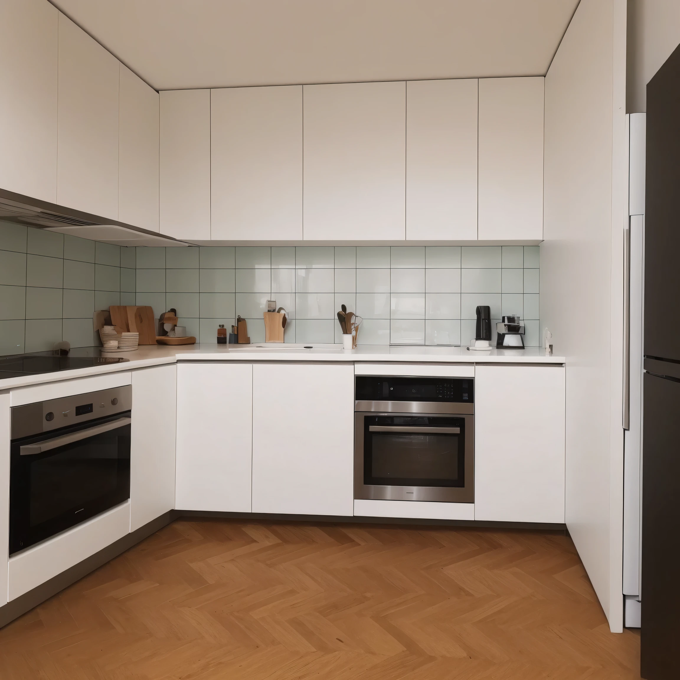 Located in a compact living space、Digital image of a small modern kitchenette。In that scene、A sleek kitchen counter with a built-in black stove and、Use dark counters。Under the stove、There are white cabinets with simple handles.。On the right side of the frame is a small white refrigerator.、Place a microwave on top of it。 The floor is made of wooden parquet.。The overall atmosphere is、Clean, tidy and modern、Focus on efficient use of space。