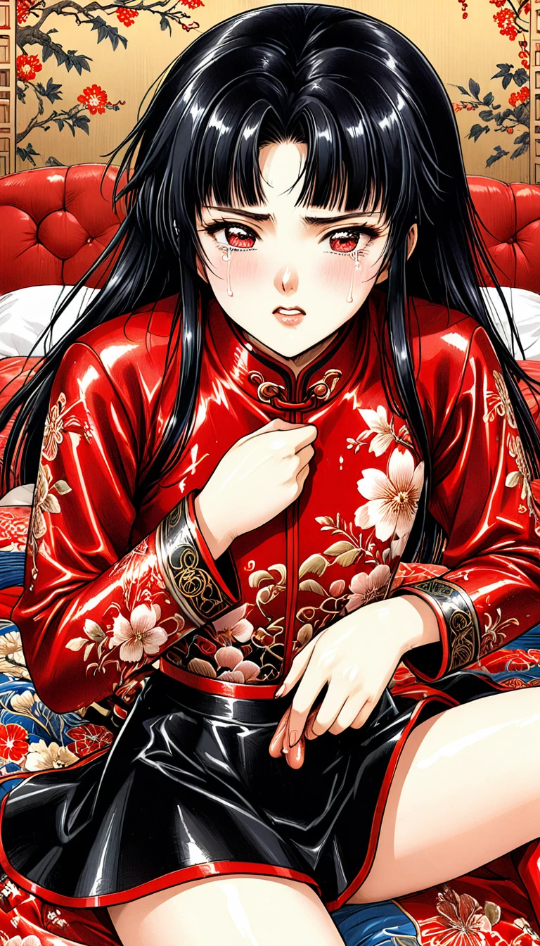 8k Tragic historical drama in live-action style: Beautiful palace secrets Beautiful Chinese 10 year old kung fu girl with long black hair gets fucked by demon king Gorgeous embroidery, Ultra glossy, She is wearing a shiny red long sleeve floral military kung fu suit..... She cries loudly and is made to lie on a floral futon and has a penis inserted into her She spreads her legs wide