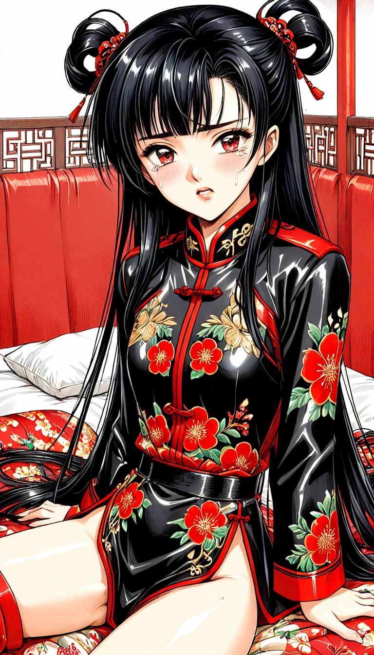 8k Tragic historical drama in live-action style: Beautiful palace secrets　Beautiful Chinese 10 year old kung fu girl with long black hair gets fucked by demon king　Gorgeous embroidery, Ultra glossy, She is wearing a shiny red long sleeve floral military kung fu suit.....　　She cries loudly and is made to lie on a floral futon and has a penis inserted into her　She spreads her legs wide