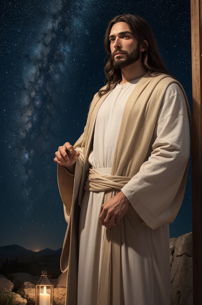 A detailed realistic image of a majestic Jesus Christ watching the starry night sky