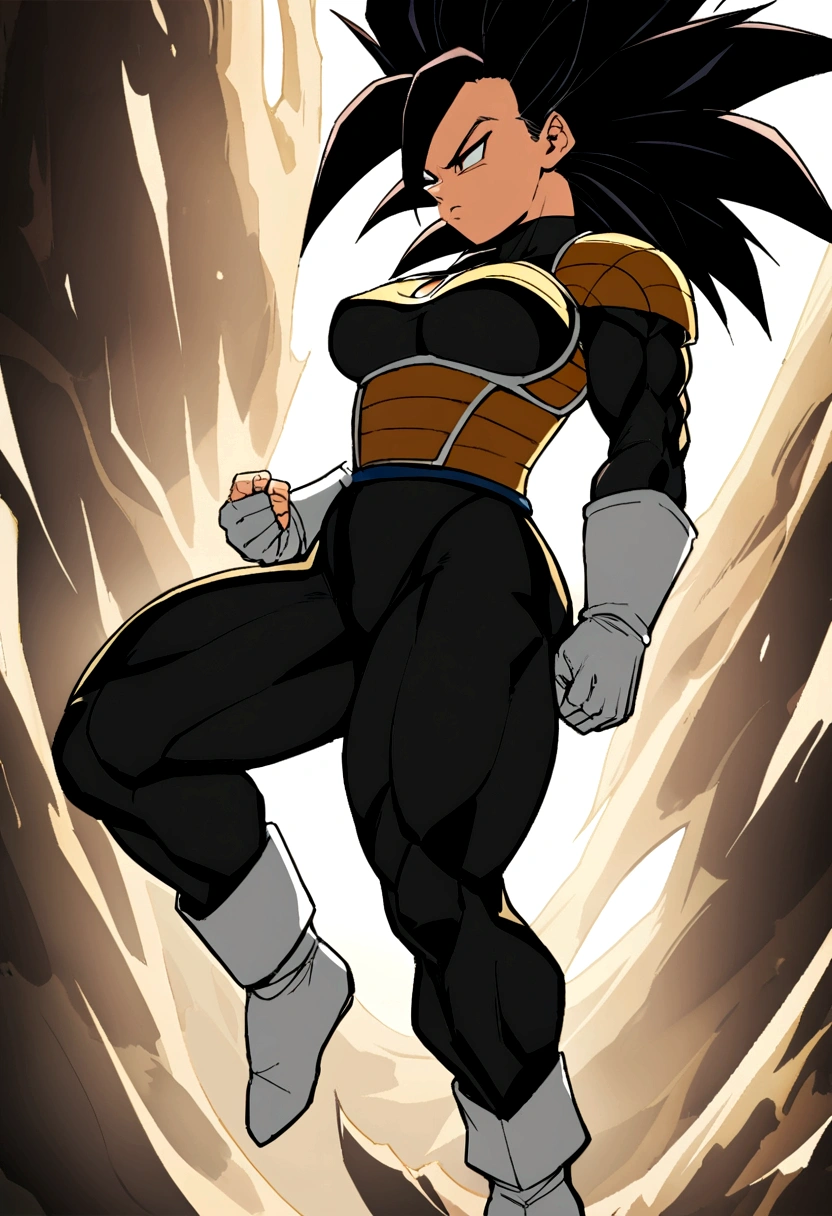 Make me a female Saiyan, long dark hair, Now make it using Vegeta's armor, larger, defined breasts and thighs, dark pants that cover his voluminous, muscular thighs