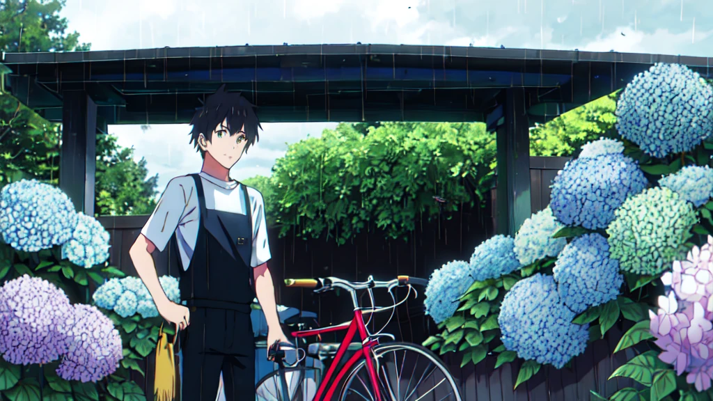 ((Highest quality)), ((masterpiece)), (detailed), Highest quality、High resolution、８K、male、male子学生、17 years old、soaked、bicycleを全力で漕いでいる、bicycleに乗っている、Very cloudy sky、Shower、Japan、City、bicycle、White short sleeve shirt、Black trousers、bicycleに乗ったJapanの学生服を着たmale子学生の後ろ姿、Heavy downpour、Standing surrounded by hydrangeas、Japanのアニメのような画風、超High resolutionかわいい萌えアニメ8k