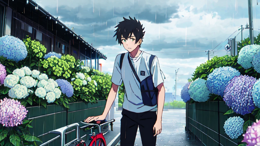 ((Highest quality)), ((masterpiece)), (detailed), Highest quality、High resolution、8K、male、male子学生、、soaked、bicycleを全力で漕いでいる、bicycleに乗っている、Very cloudy sky、Shower、Japan、City、bicycle、White short sleeve shirt、Black trousers、bicycleに乗ったJapanの学生服を着たmale子学生の後ろ姿、Heavy downpour、Standing surrounded by hydrangeas、Japanのアニメのような画風、超High resolutionかわいい萌えアニメ8k