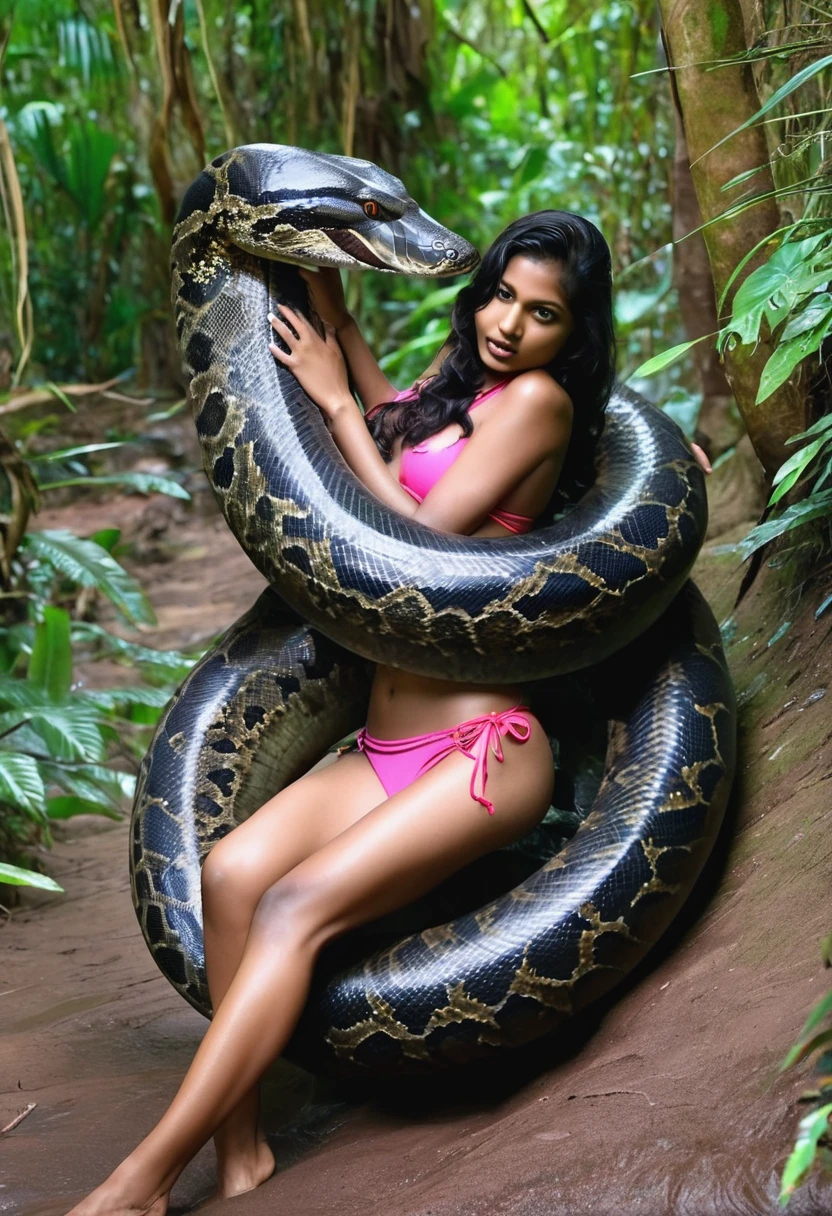 Topless pink bikini wearing aroused horny beautiful happy indian girl vs Giant black anaconda monster wrapped around her body squeezing her in coiled embrace cuddling and kissing sexual erotic bestiality sex realistic in the rainforest full body, best quality wet