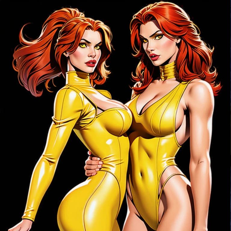 Beautiful tall woman, with red hair and yellow eyes, super realistic and well detailed suit outfit