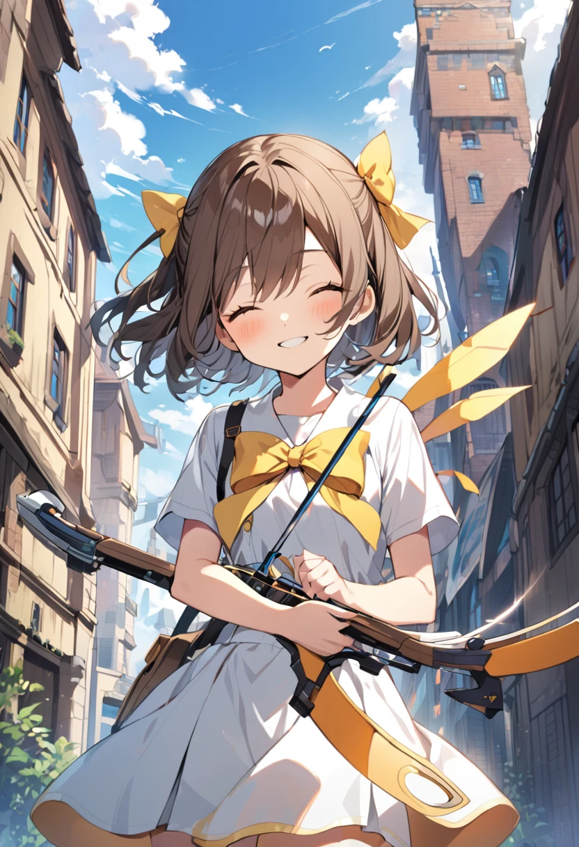 1 girl, alone, broad, blush, SMILE, Brown hair, bow, two tails, Closed eyes, weapon, short sleeves, hair bow, sky, day, blue sky, building, in front of the viewer, yellow bow, bow (weapon), ARROW (projectile)