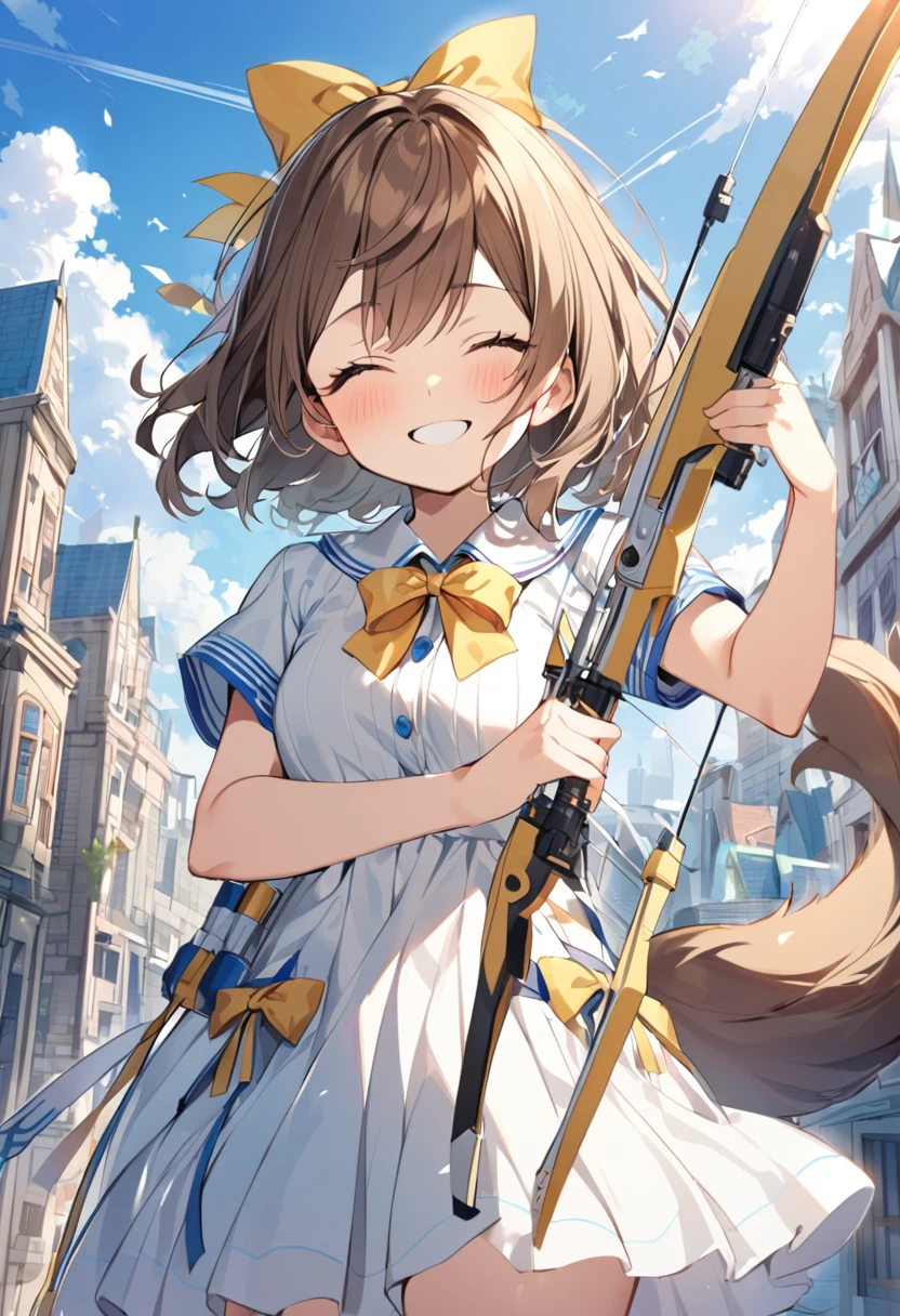 1 girl, alone, broad, blush, SMILE, Brown hair, bow, two tails, Closed eyes, weapon, short sleeves, hair bow, sky, day, blue sky, building, in front of the viewer, yellow bow, bow (weapon), ARROW (projectile)