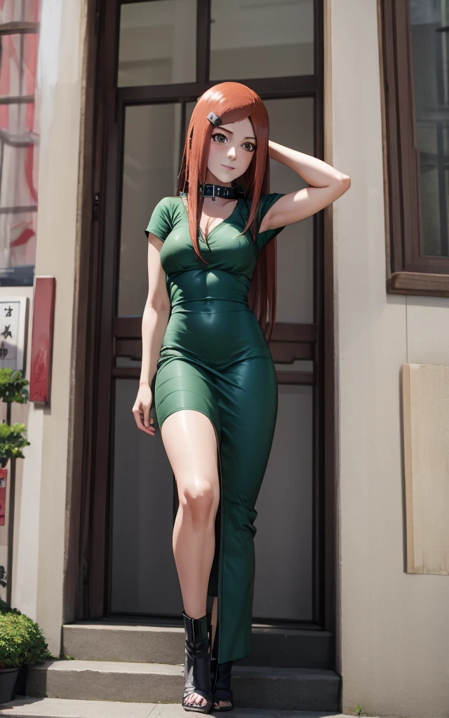 full body, uzumaki kushina, Kushina Uzumaki, masterpiece, high quality, UHD Quality, 4k Quality, perfect, perfection, perfect all,
long red hair, hair ornament, swept bangs, gray eyes, hairclip, perfect face, perfect body, perfect hair, expressive eyes, Soft smile, perfect waist, blushing, green dress, white tiny short sleeves, collar