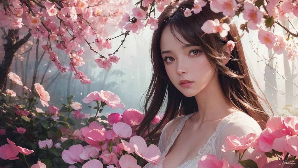 32k, Masterpiece, Highest quality, One girl, Brown Hair, Detailed eyes, flower,sweet pea, Pink and yellow style,A dreamy, romantic piece,Pale pink, Mysterious Leaves,A playful arrangement,Fantasy,High Contrast,Ink strokes,explosion,Exposure, Impression of pink and yellow tones,Abstract,((Watercolours by John Berkey and Jeremy Mann )) Brush strokes,Negative Space, Tyndall effect, White background
