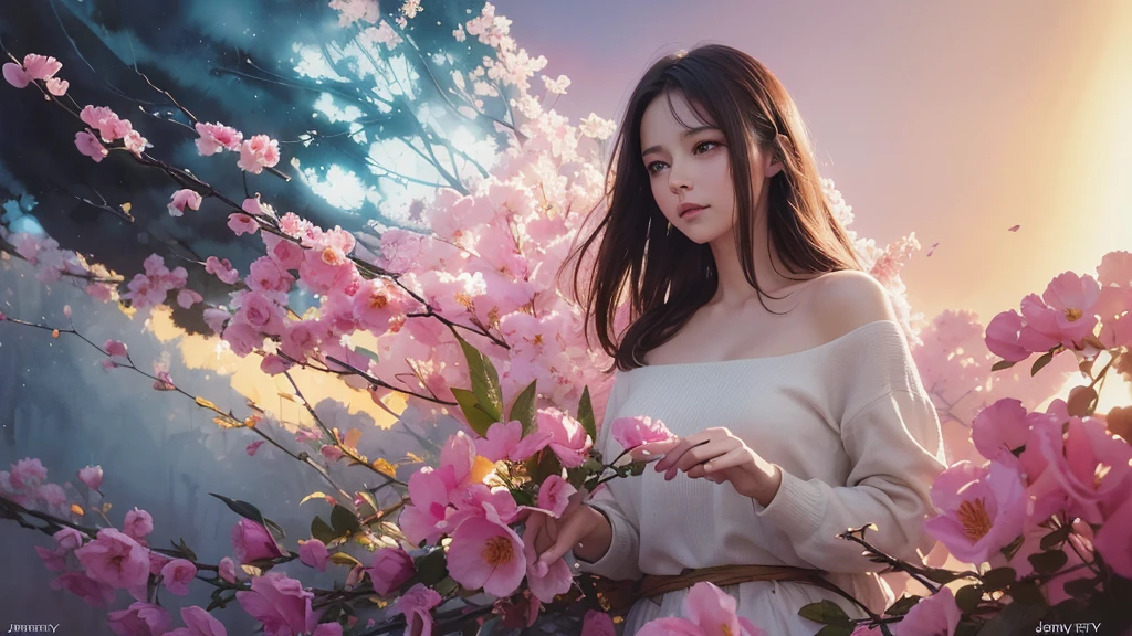 32k, Masterpiece, Highest quality, One girl, Brown Hair, Detailed eyes, flower,sweet pea, Pink and yellow style,A dreamy, romantic piece,Pale pink, Mysterious Leaves,A playful arrangement,Fantasy,High Contrast,Ink strokes,explosion,Exposure, Impression of pink and yellow tones,Abstract,((Watercolours by John Berkey and Jeremy Mann )) Brush strokes,Negative Space, Tyndall effect, White background