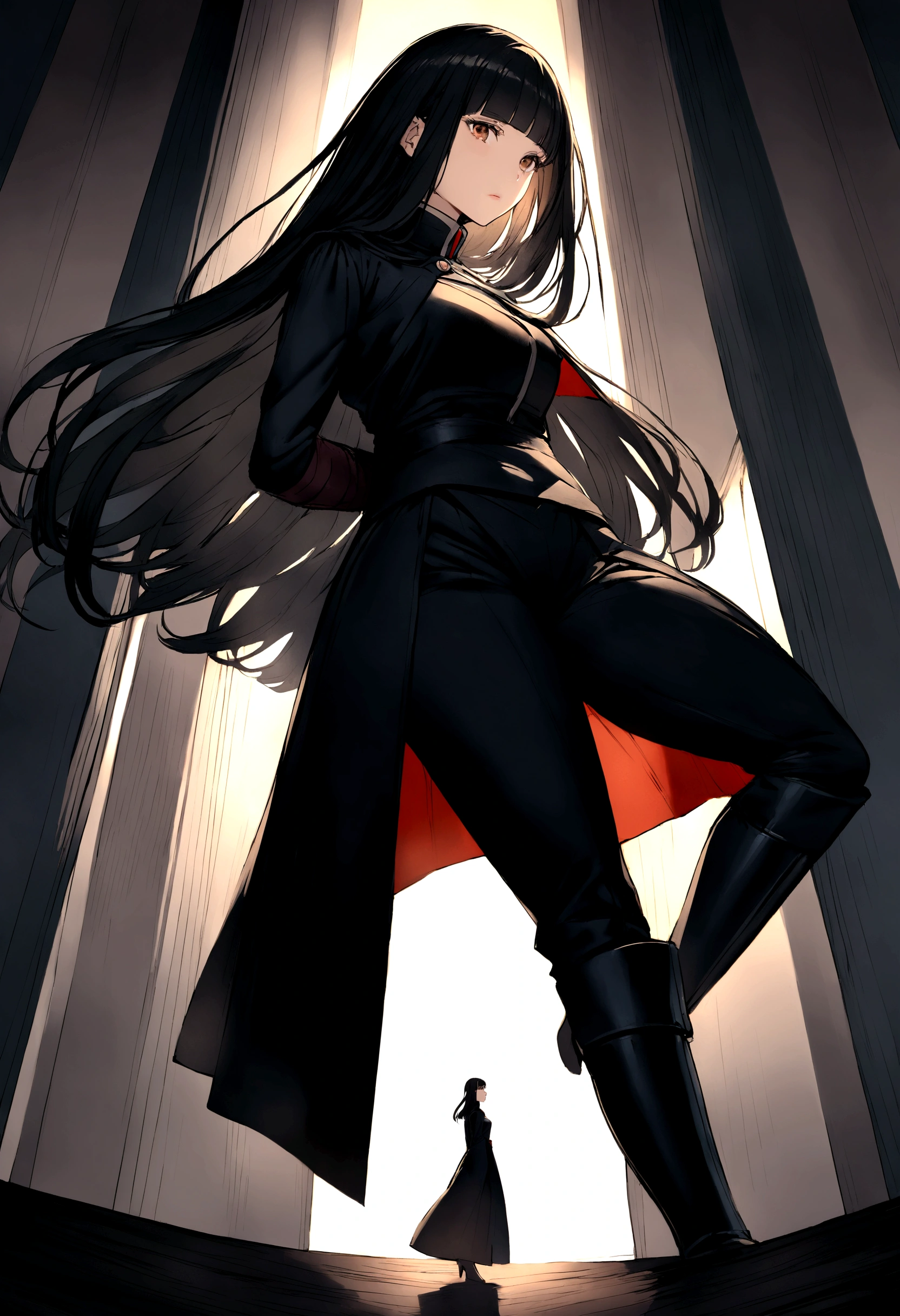 a tall woman with long black hair and bangs, she has brown eyes, she is wearing a jujutsu high uniform, she is wearing a long boots too