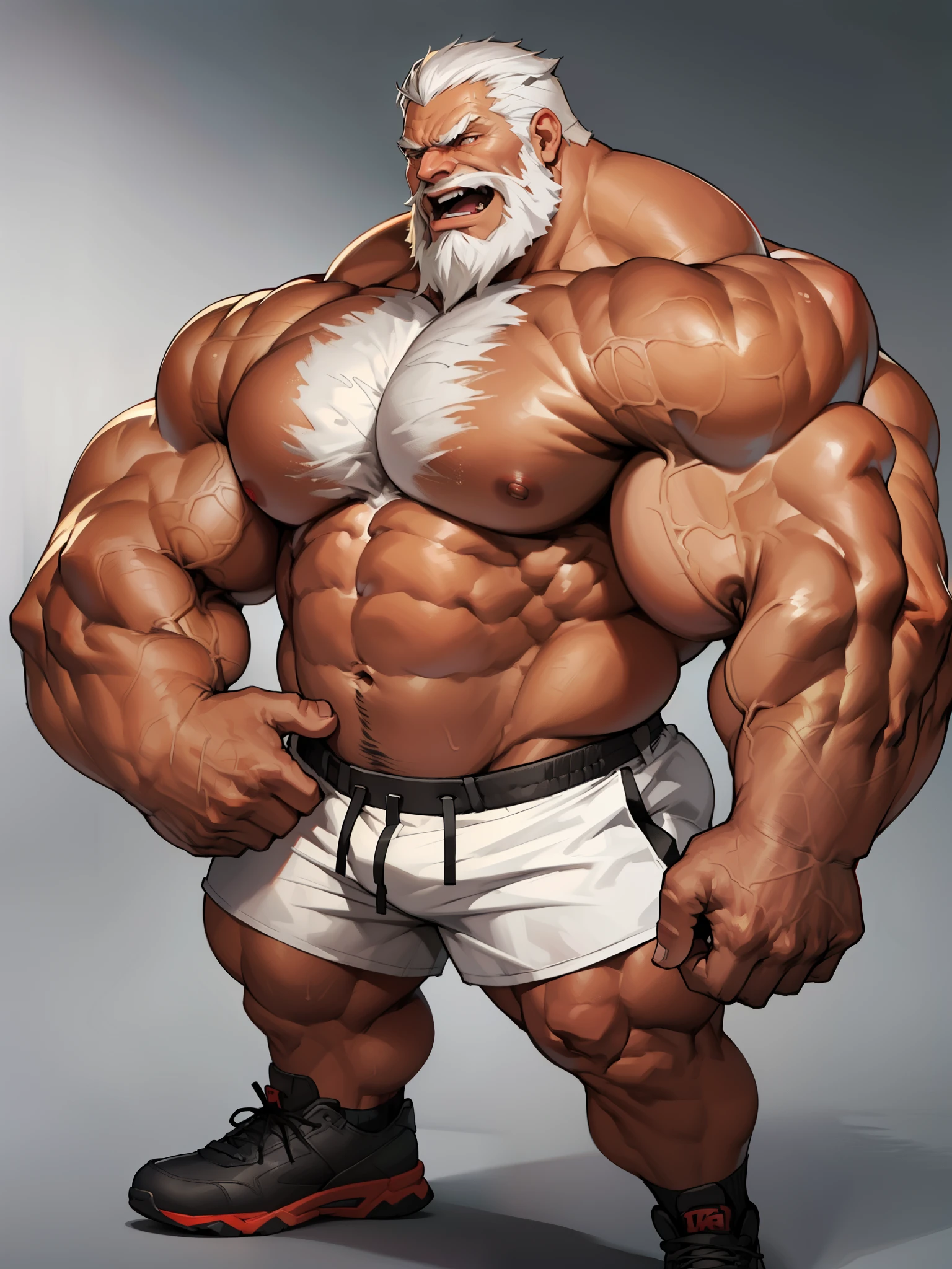 solo, 1boy, perfect anatomy, perfect proportion, laugh, open mouth, big eyes, angry, devil eyes,, mad,, perfect fingers, big hand, fingers. Huge Muscular Old man with short hair, shoes ,(white shorts), view from side, pectoral, thick arms, huge pectoral, wide pectoral, white hair, white beards, simple background, masterpiece, semirealistic:1.2, high detailed, 8k, high resolution, perfect center, full view. ((really big muscle, massive muscular, sixpack, thick arms, wide pectoral, super huge muscle, hyper muscular, over sized muscle, huge arms, big arms, huge pectoral))