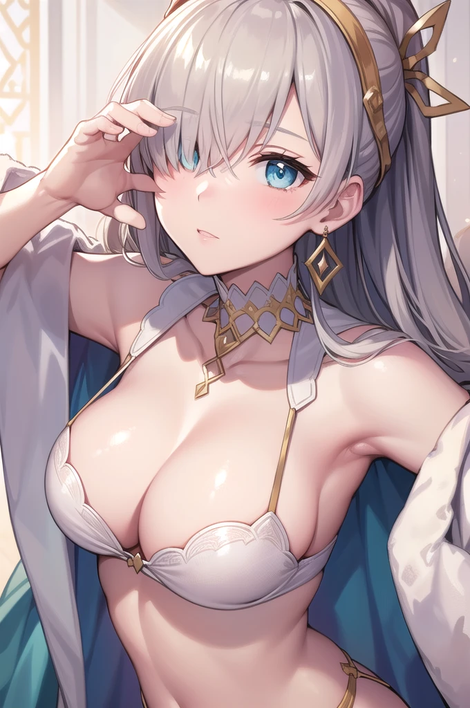 ((Side angle)),(((Face close-up))),(((No background))),(Show your armpits),((((Portrait of a woman alone)))))),((White Bikini)),((ponytail)),((Exposed shoulders)),Anime art style,masterpiece,(Highest quality), (Super Details),(Very delicate and beautiful),(alone),(Detailed face and eyes),Beautiful eyes like jewels,(A truly gorgeous jeweled ruffled rococo ball gown dress),(((Mature Woman,Queen))),fgo,Anastasia, Anastasia, blue eyes, Grey Hair, Hair between the eyes, (Hair on one eye:1.5), Long Hair, bangs,
break blue Cape, brown hair band, Cape, dress, Fur trim, hair band, Royal Robes, sash, tachi-e, white dress, Wide sleeves,
break looking at viewer,
break indoors,
break (masterpiece:1.2), Highest quality, High resolution, unity 8k wallpaper, (figure:0.8), (Beautiful attention to detail:1.6), Highly detailed face, Perfect lighting, Highly detailed CG, (Perfect hands, Perfect Anatomy),
