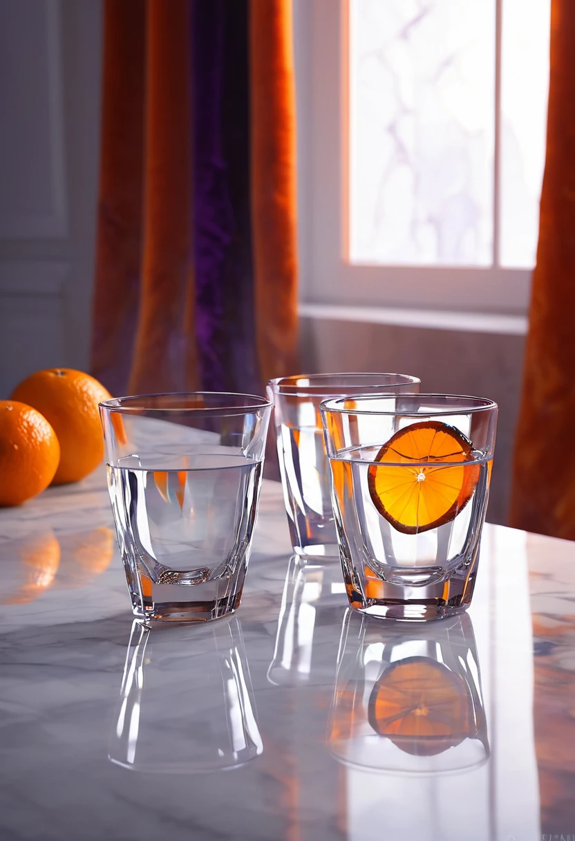 surreal glass shape, liquid glass, chromatic aberration, broken prism, refraction, light caustics, smokey background, detailed illustration , oranges on a white marble table, deep purple velvet drapes, 8k, photography style,2 glasses with orange bioluminescent fluid in them, on a white marble table, bioluminescent, colorfull, glow, at sunset. misty light.