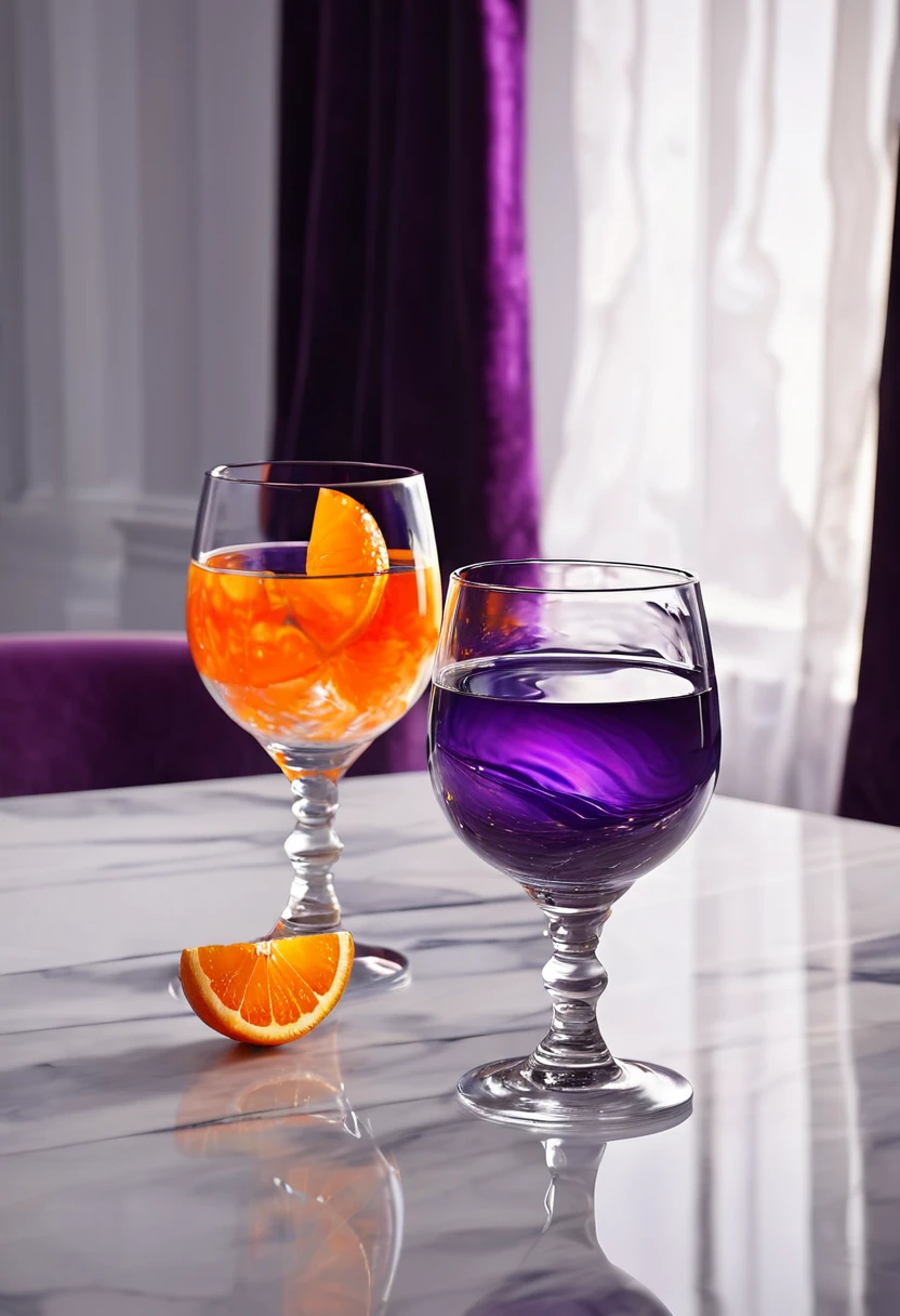 surreal glass shape, liquid glass, chromatic aberration, broken prism, refraction, light caustics, smokey background, detailed illustration , oranges on a white marble table, deep purple velvet drapes, 8k, photography style,2 glasses with orange bioluminescent fluid in them, on a white marble table, bioluminescent, colorfull, glow, at sunset. misty light.