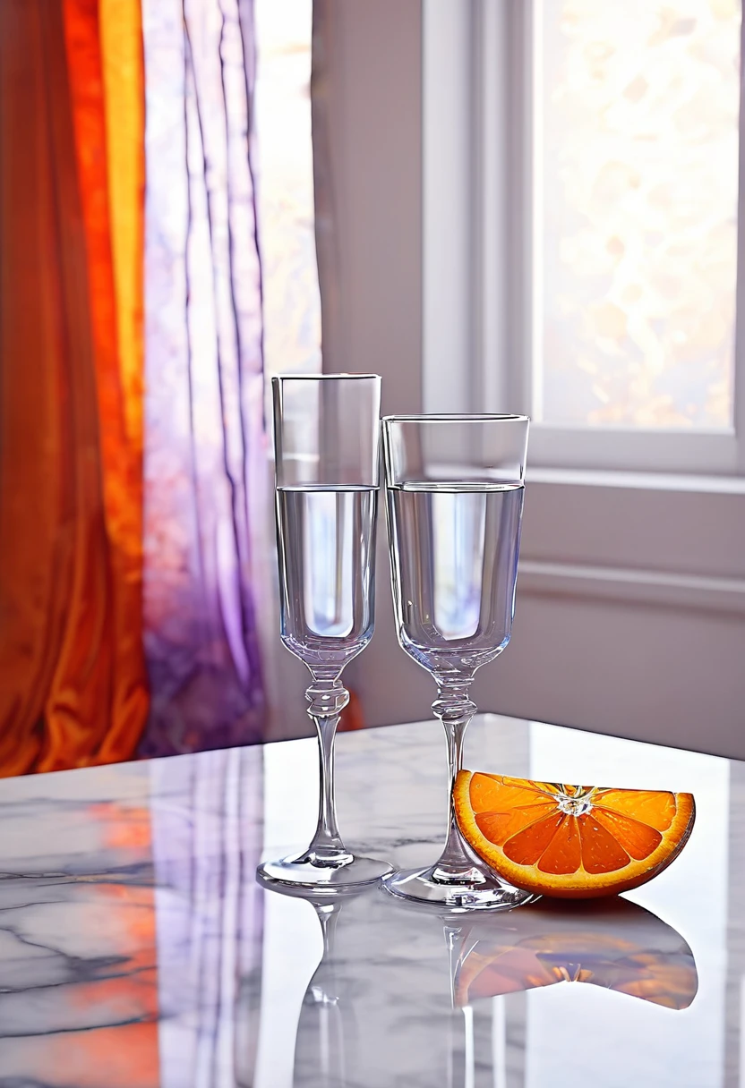 surreal glass shape, liquid glass, chromatic aberration, broken prism, refraction, light caustics, smokey background, detailed illustration , oranges on a white marble table, deep purple velvet drapes, 8k, photography style,2 glasses with orange bioluminescent fluid in them, on a white marble table, bioluminescent, colorfull, glow, at sunset. misty light.