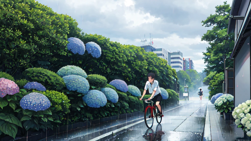 ((Highest quality)), ((masterpiece)), (detailed), Highest quality、High resolution、8K、male、male子学生、、soaked、bicycleを全力で漕いでいる、bicycleに乗っている、Very cloudy sky、Shower、Japan、City、bicycle、White short sleeve shirt、Black trousers、bicycleに乗ったJapanの学生服を着たmale子学生の後ろ姿、Heavy downpour、Standing surrounded by hydrangeas、Japanのアニメのような画風、超High resolutionかわいい萌えアニメ8k