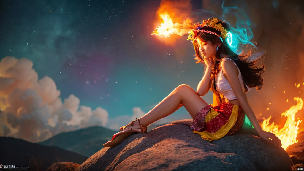 The image features a woman sitting on a rock, surrounded by a fire and smoke. She is wearing a colorful headdress and a skirt.