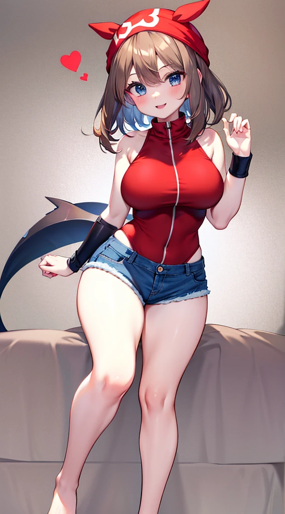 brown hair，blue eyes，short hair，Double tail，red headscarf，Red race swimsuit，Xiaoyao【Pokémon】blush，Smile，big breasts，Denim shorts，bedroom background, standing, idle