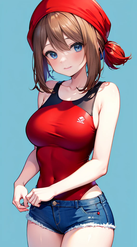 brown hair,blue eyes,short hair,Double tail,red headscarf,Red race swimsuit,Xiaoyao【Pokémon】blush,Smile,big breasts,Denim shorts,bedroom background, standing, idle