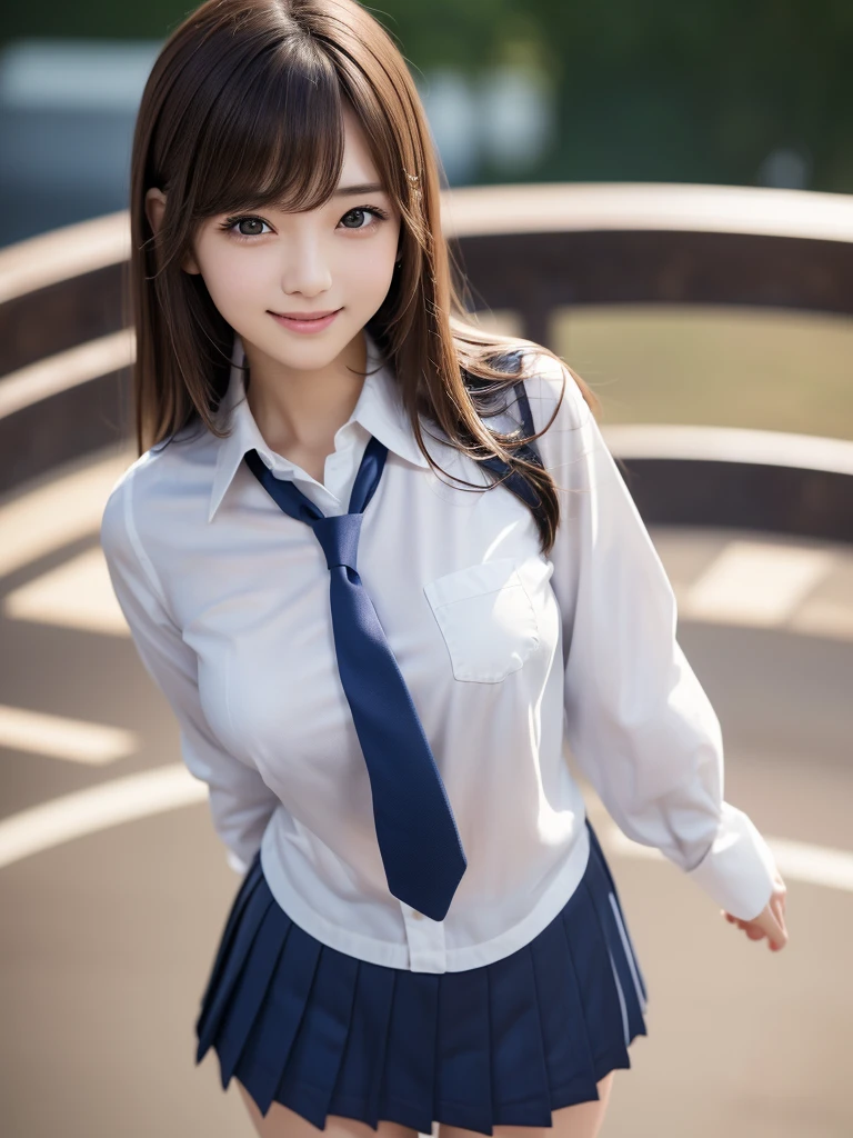 8K, Highest quality, The real picture, Intricate details, Very detailed, Ultra-high resolution, Depth Field,(Realistic,Realistic:1.2),Tabletop , (Full Body Shot) , From the middle 1 girl, eye_Chan, Very beautiful girl, innocent big eyes,、Beautiful breasts:1.5eye:1.2)、(Beautiful breasts:1.1)、((Bro))、(Semi-long hair), Asymmetrical bangs, Perfect Skin, Fair skin, Small breasts, Tight waist, aloring at the audience, (smile)、((School_uniform), (White shirt、Wear a tie), (Blue checkered pleated micro mini skirt), ((Fold your arms in front of your chest and act arrogantly)), ((楽しそうなsmile)), ((Perfect hand shape))