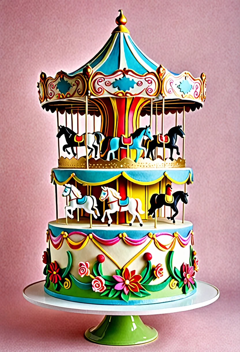 A detailed illustration of a cake shaped like a merry-go-round. The cake features a round base with colorful tiers, decorated with intricate designs and patterns resembling a traditional carousel. On top of the cake are miniature horses mounted on poles, arranged in a circle, with a canopy above them adorned with vibrant colors and festive details. The cake is embellished with edible decorations such as flowers, ribbons, and sparkling elements, creating a whimsical and celebratory appearance.