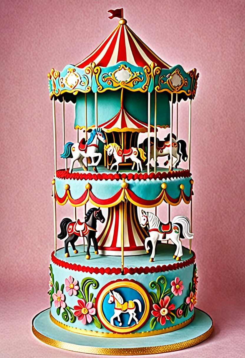 
A detailed illustration of a cake shaped like a merry-go-round. The cake features a round base with colorful tiers, decorated with intricate designs and patterns resembling a traditional carousel. On top of the cake are miniature horses mounted on poles, arranged in a circle, with a canopy above them adorned with vibrant colors and festive details. The cake is embellished with edible decorations such as flowers, ribbons, and sparkling elements, creating a whimsical and celebratory appearance.