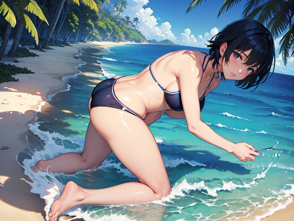 master piece, extremely detailed, high resolution, Makoto Shinkai style, girl, beachside background, tropical island, on all fours, glossy plump lips, glossy hair, short hair, looking at camera, blue hair, bikini, bikini swimsuit,