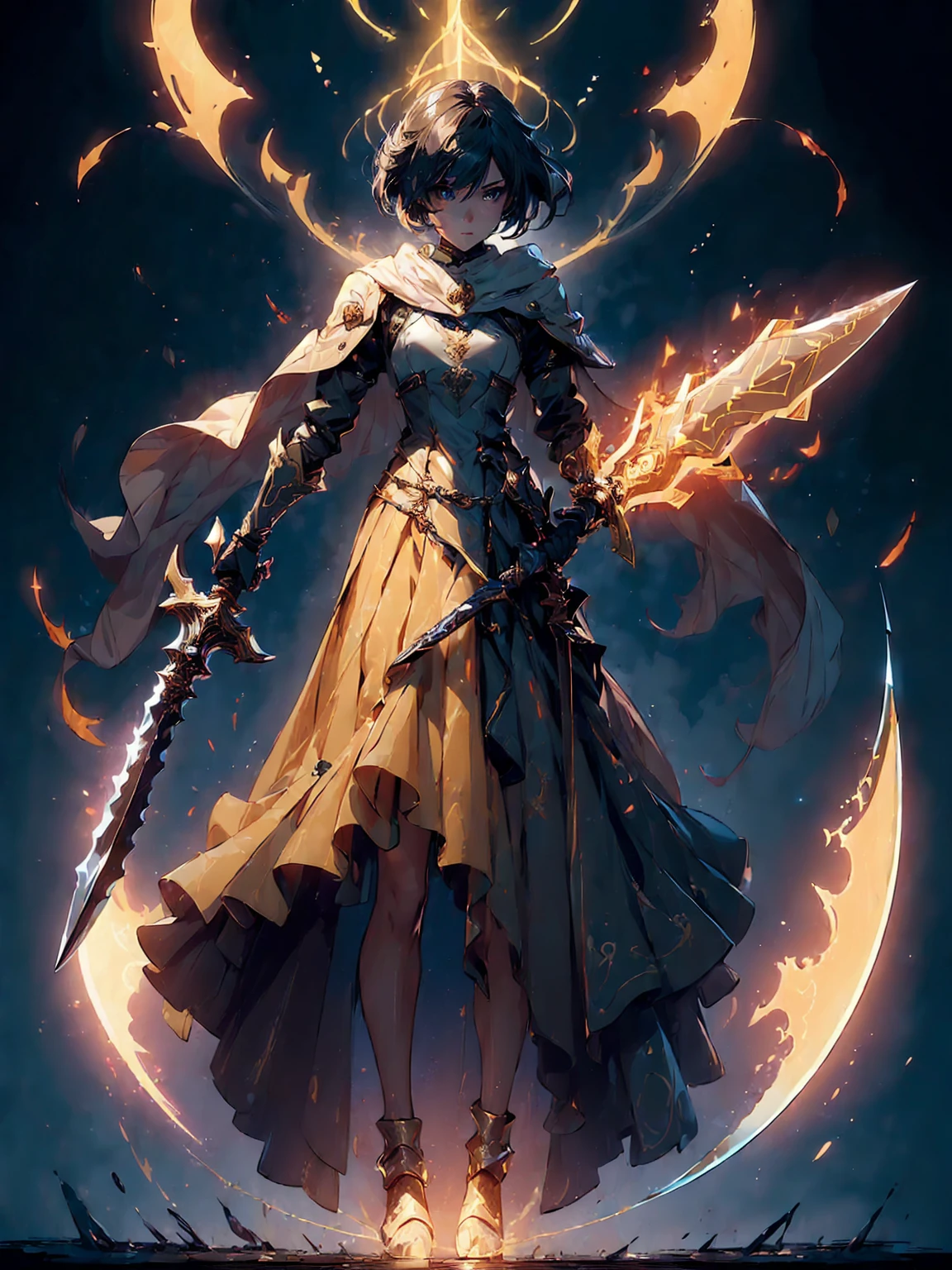 Design a layout showcase Gaming character, (1girl). Golden+Purle clothes, stylish and unique, ((showcase weapon:1.4)), magic staff, (masterpiece:1.2), (best quality), 4k, ultra-detailed, (Step by step design, layout art:1.5), (luminous lighting, atmospheric lighting), magican, ((glove full hands)), (((revealing clothes:1.3))), vambraces, armored legwear, (((full_body_shot:1.4)))