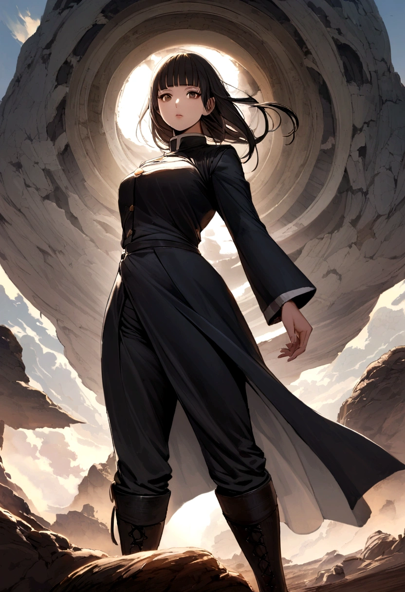 a tall woman with long black hair and bangs, she has brown eyes, she is wearing a jujutsu high uniform, she is wearing a long boots too