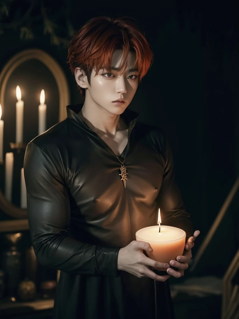 Jungkook bts actor and kpop idol more realism in hair and clothing hair orange, Generate an image of a Korean Kpop idol with bright orange hair, dressed in a black shirt and a tunic of the same color, surrounded by dark witches and warlocks in a coven. The background must be dark and gloomy, lleno de velas y witchcraft symbols.Create a visual representation of a Korean Kpop actor, with a spinal crown on his head, dressed in a black tunic and black shirt in a coven setting. Around it, dark witches casting curses, with a shadowy forest full of candles as a backdrop.Produces an image where a Korean Kpop idol, recognizable by his bright orange hair, is immersed in an environment of witchcraft and curse. He is dressed in a black tunic and a dark shirt, surrounded by wizards and witches in a dark forest full of magical symbols.Korean kpop idol actor who is dressed in a black shirt, black tunic, with a crown of thorns on his head, he is in a witches coven, all dark witches, curse and witchcraft, the background that is dark dark, a black background in a forest full of candles and spells, witchcraft symbols, bright orange hair amidst candles at a coven. homme coréen musclé maléfique manly muscle man, Young muscular evil Asian, 30 years old, manly, serious, serious face, rough features. Let your muscles be shown, half your body exposed with snake tattoos.asian with strong muscles showing, rough masculine face, masculine manly manly features. Australian Canadian with a rough muscular face who shows off his muscles