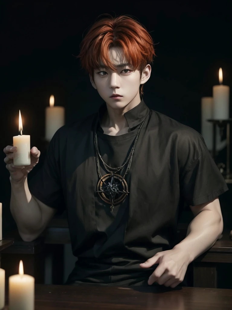 Jungkook bts actor and kpop idol more realism in hair and clothing hair orange, Generate an image of a Korean Kpop idol with bright orange hair, dressed in a black shirt and a tunic of the same color, surrounded by dark witches and warlocks in a coven. The background must be dark and gloomy, lleno de velas y witchcraft symbols.Create a visual representation of a Korean Kpop actor, with a spinal crown on his head, dressed in a black tunic and black shirt in a coven setting. Around it, dark witches casting curses, with a shadowy forest full of candles as a backdrop.Produces an image where a Korean Kpop idol, recognizable by his bright orange hair, is immersed in an environment of witchcraft and curse. He is dressed in a black tunic and a dark shirt, surrounded by wizards and witches in a dark forest full of magical symbols.Korean kpop idol actor who is dressed in a black shirt, black tunic, with a crown of thorns on his head, he is in a witches coven, all dark witches, curse and witchcraft, the background that is dark dark, a black background in a forest full of candles and spells, witchcraft symbols, bright orange hair amidst candles at a coven. homme coréen musclé maléfique manly muscle man, Young muscular evil Asian, 30 years old, manly, serious, serious face, rough features. Let your muscles be shown, half your body exposed with snake tattoos.asian with strong muscles showing, rough masculine face, masculine manly manly features. Australian Canadian with a rough muscular face who shows off his muscles Australian boy with neck tattoos